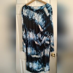 Plus Size Calvin Klein Blue Tie-Dye Style Ruched Side Buckle Dress (A1)